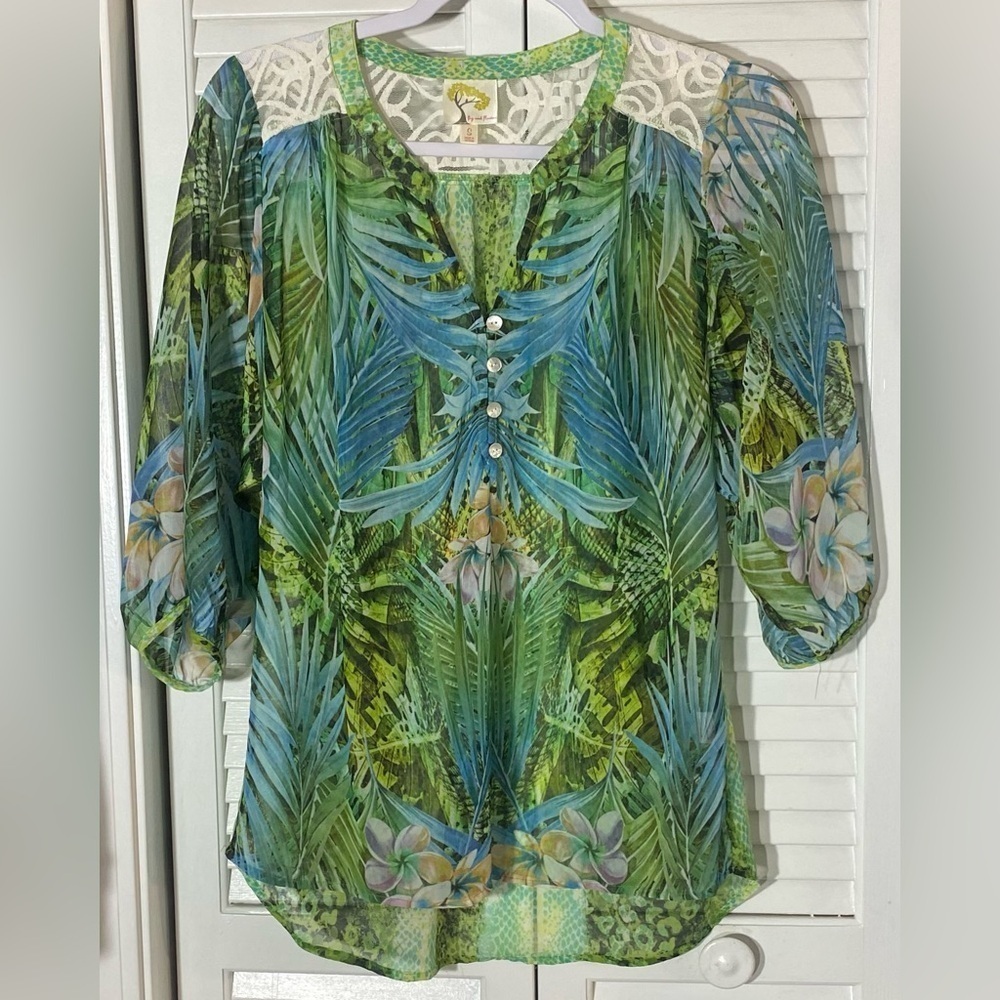 Fig & Flower Tropical Botanical Sheer Blouse Size S Blue & Green Anthropologie